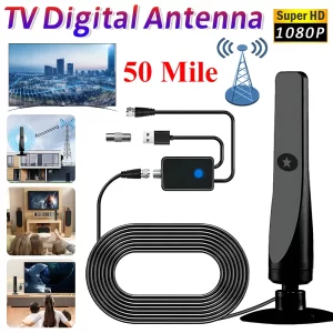 50 Miles Digital TV Antenna with Signal Booster Indoor HDTV Amplified Signal Booster 4K HD 1080P 25DBI Plug Play for Outdoor